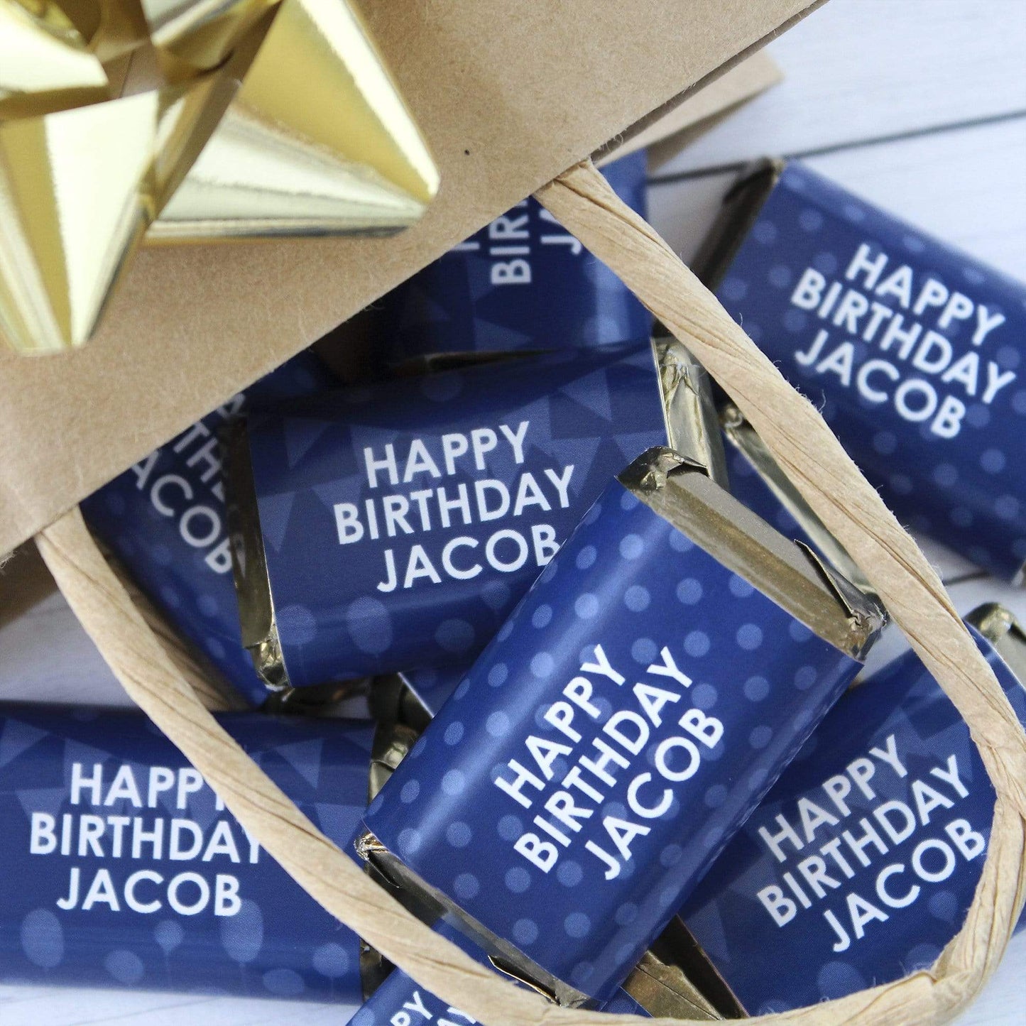 Dark Blue Personalized Happy Birthday Party Mini Candy Bar Wrappers with Name - 45 Stickers