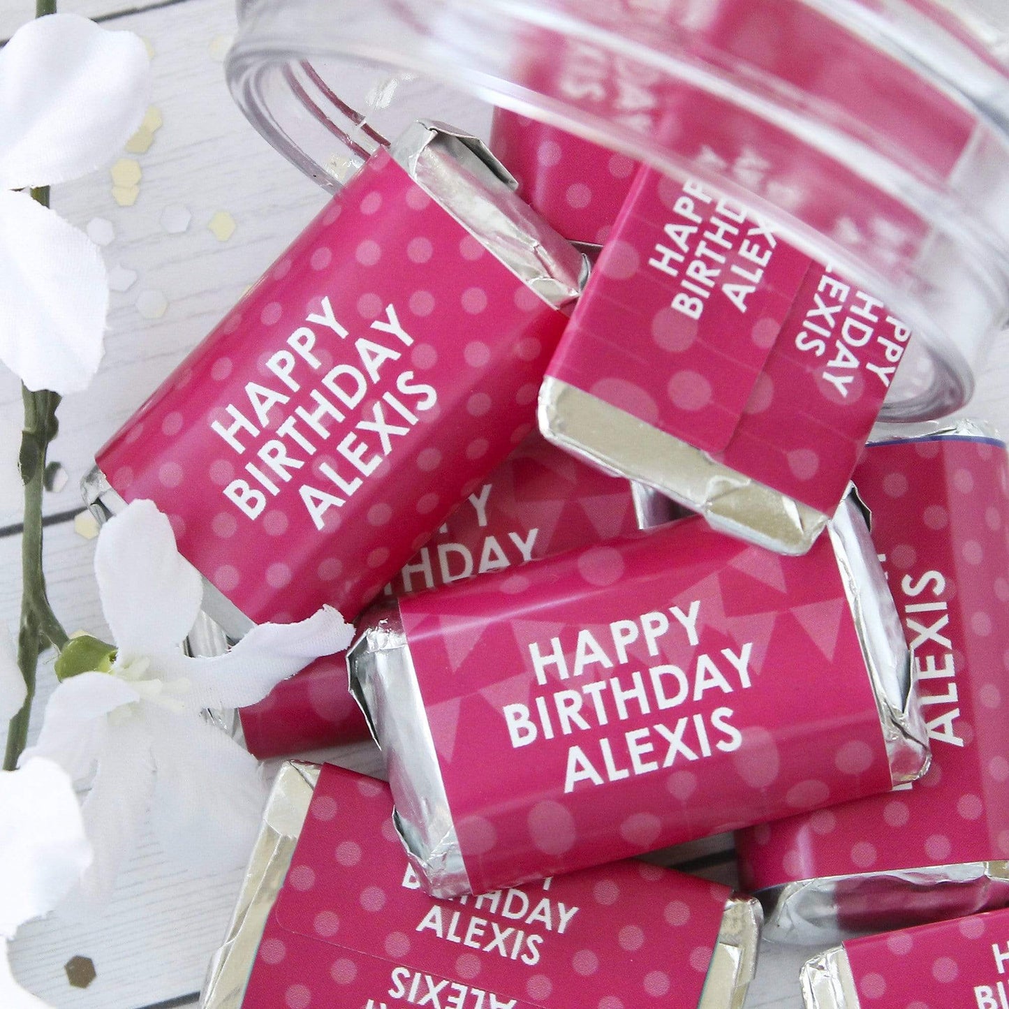 Fuchsia Pink Personalized Happy Birthday Party Mini Candy Bar Wrappers with Name - 45 Stickers