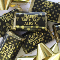 Gold Black Personalized Happy Birthday Party Mini Candy Bar Wrappers with Name - 45 Stickers