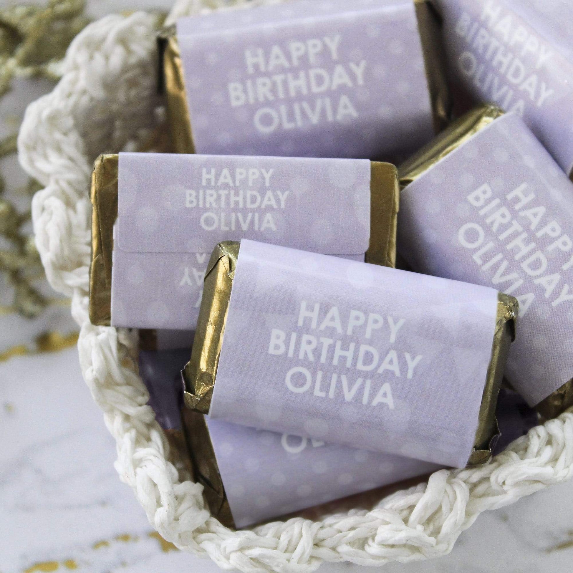 Lavender Personalized Happy Birthday Party Mini Candy Bar Wrappers with Name - 45 Stickers