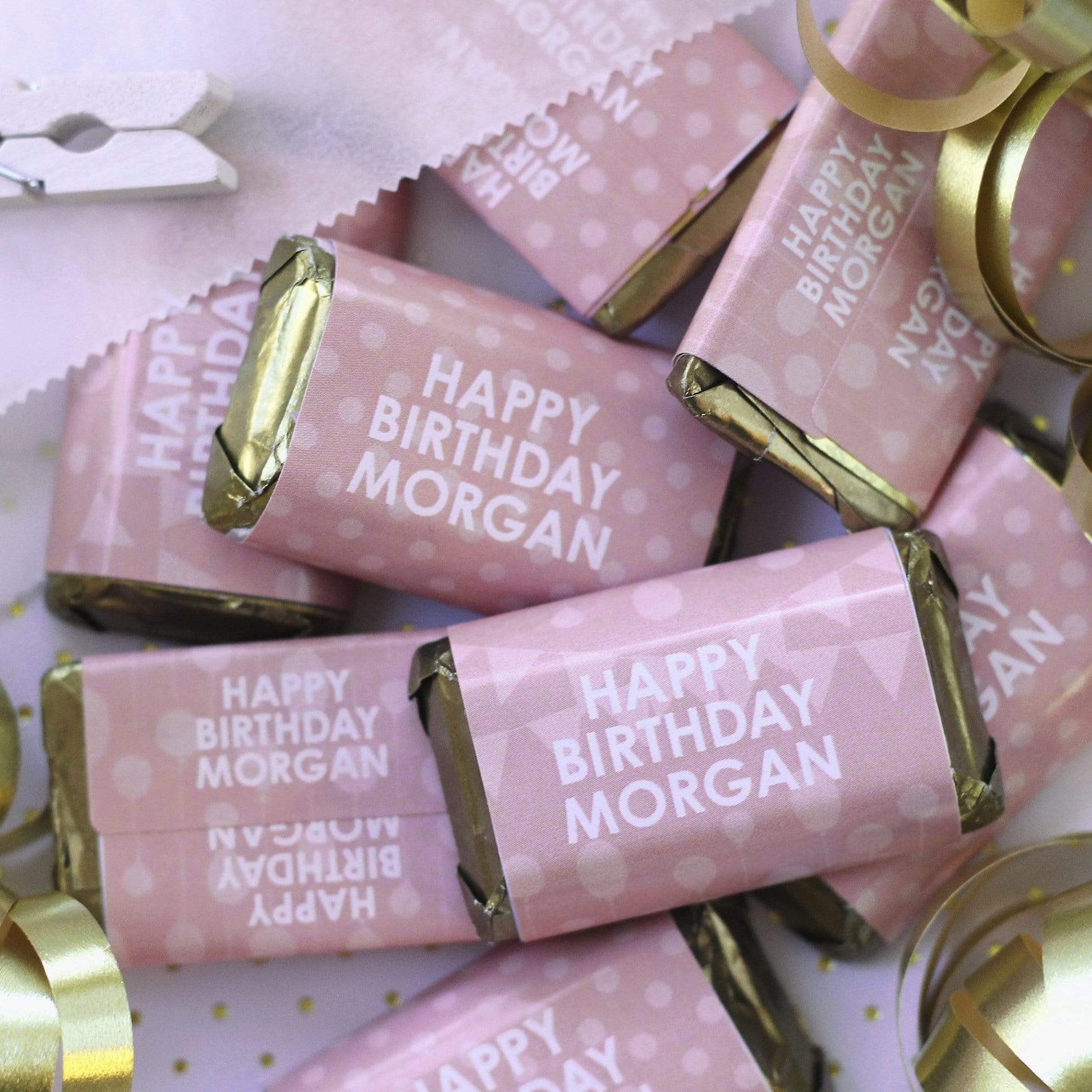 Light Pink Personalized Happy Birthday Party Mini Candy Bar Wrappers with Name - 45 Stickers