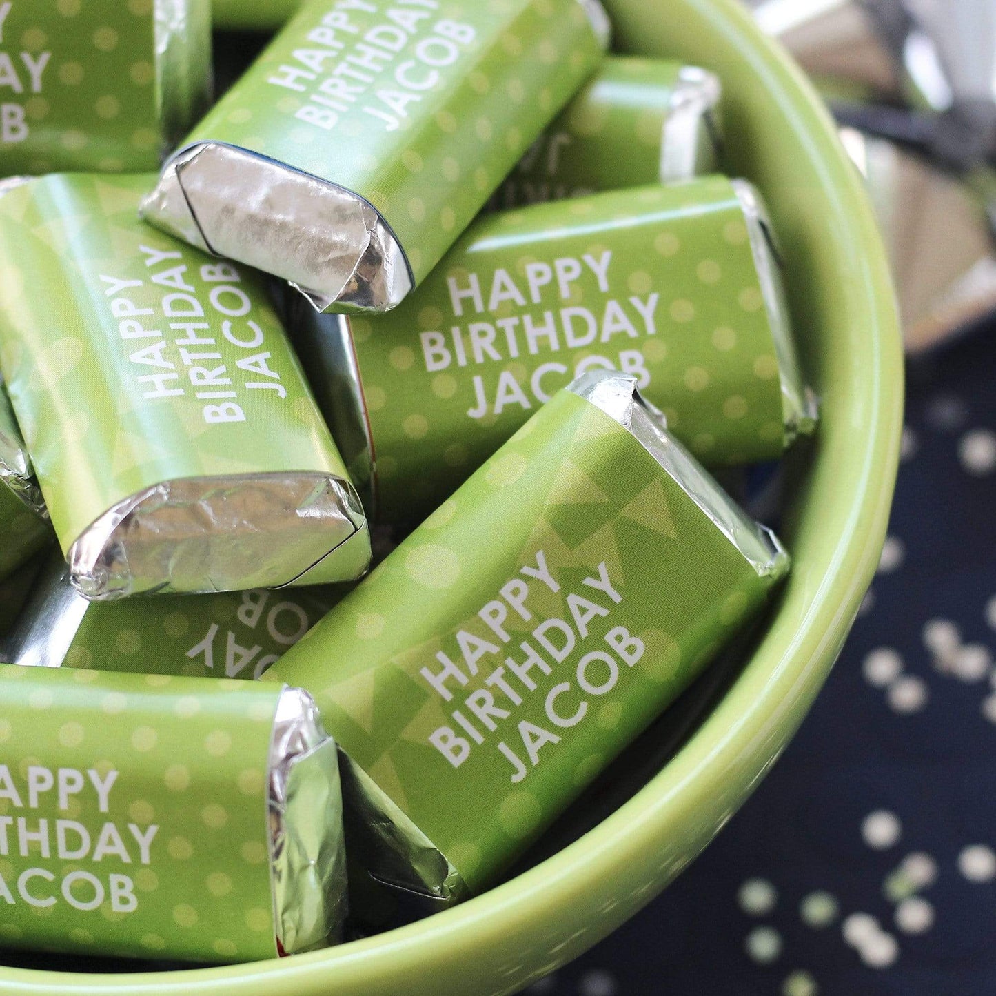 Lime Green Personalized Happy Birthday Party Mini Candy Bar Wrappers with Name - 45 Stickers
