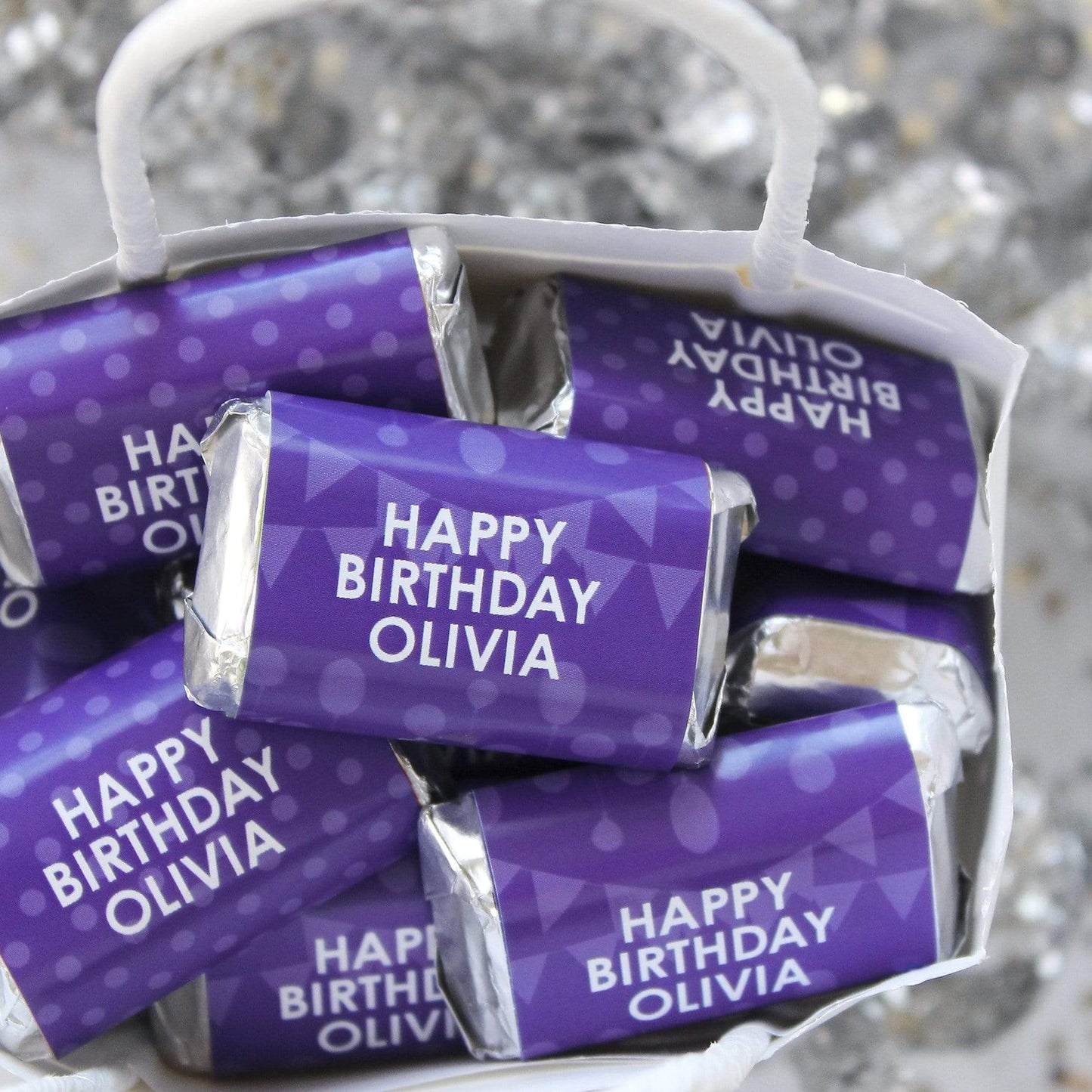 Purple Personalized Happy Birthday Party Mini Candy Bar Wrappers with Name - 45 Stickers