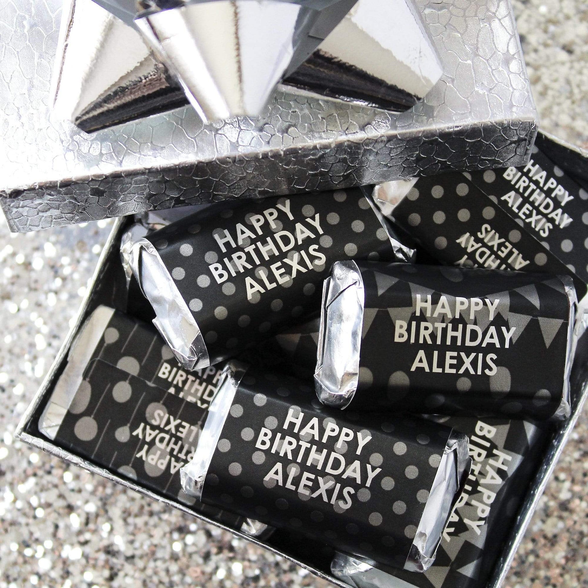 Silver Black Personalized Happy Birthday Party Mini Candy Bar Wrappers with Name - 45 Stickers