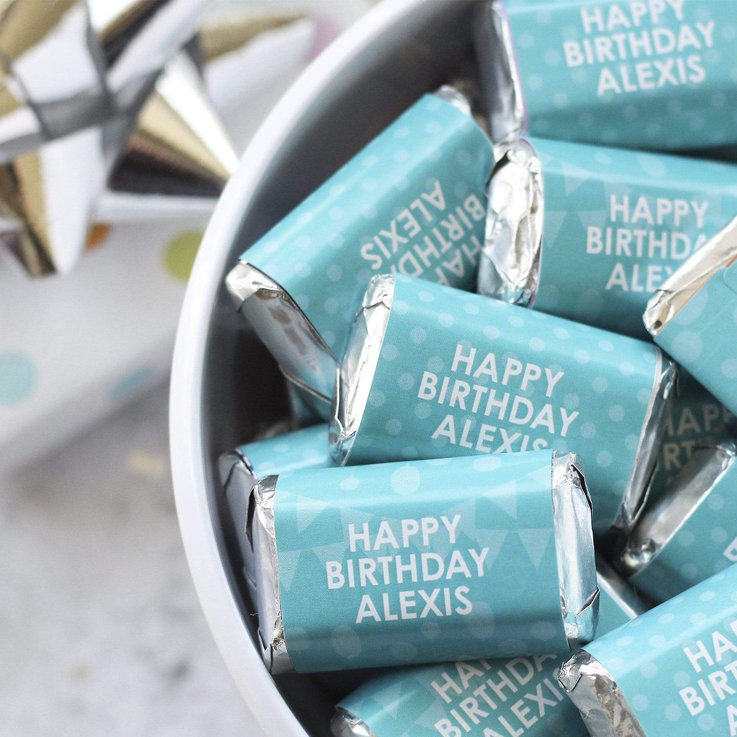 Teal Personalized Happy Birthday Party Mini Candy Bar Wrappers with Name - 45 Stickers