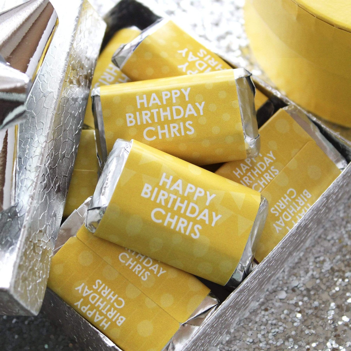 Yellow Personalized Happy Birthday Party Mini Candy Bar Wrappers with Name - 45 Stickers