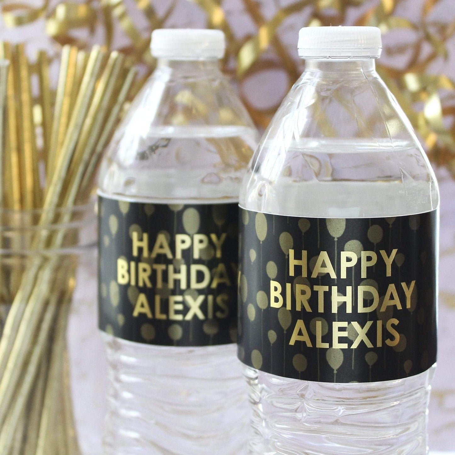 Gold Black Personalized Happy Birthday Party Water Bottle Labels with Name - 12 Stickers