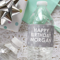 Gray Personalized Happy Birthday Party Water Bottle Labels with Name - 12 Stickers