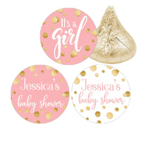 Personalized Pink and Gold Baby Shower Favor Stickers for Chocolate Kisses Candy Custom Girl Baby Shower Decorations 180 Labels