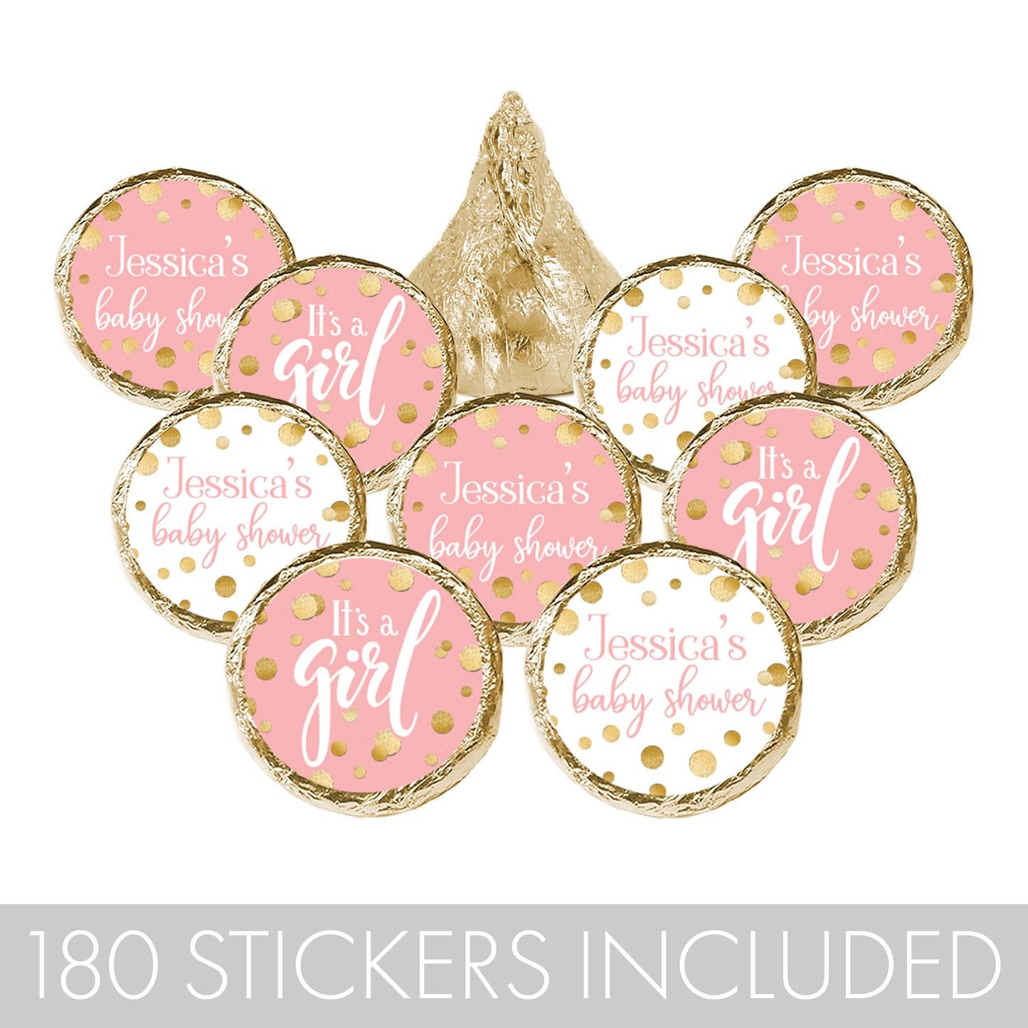 Personalized Pink and Gold Girl Baby Shower Favor Stickers - 180 ct