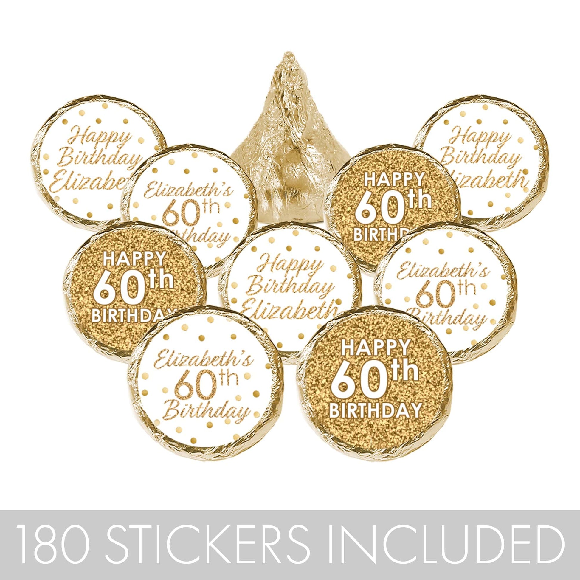Personalized White and Gold Birthday Party Favor Stickers - 180 Count
