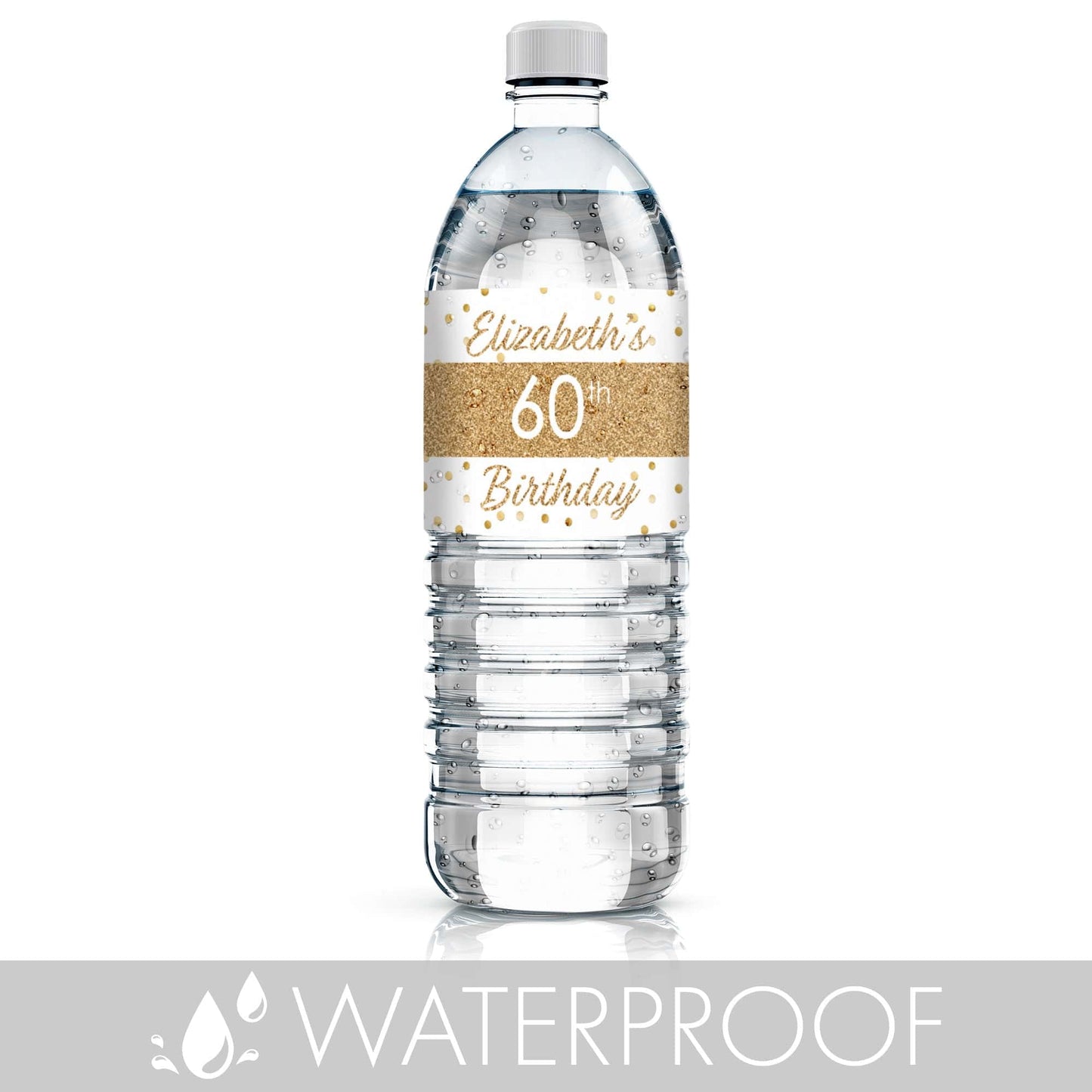 Personalized White and Gold Birthday Water Bottle Labels - 24 Stickers