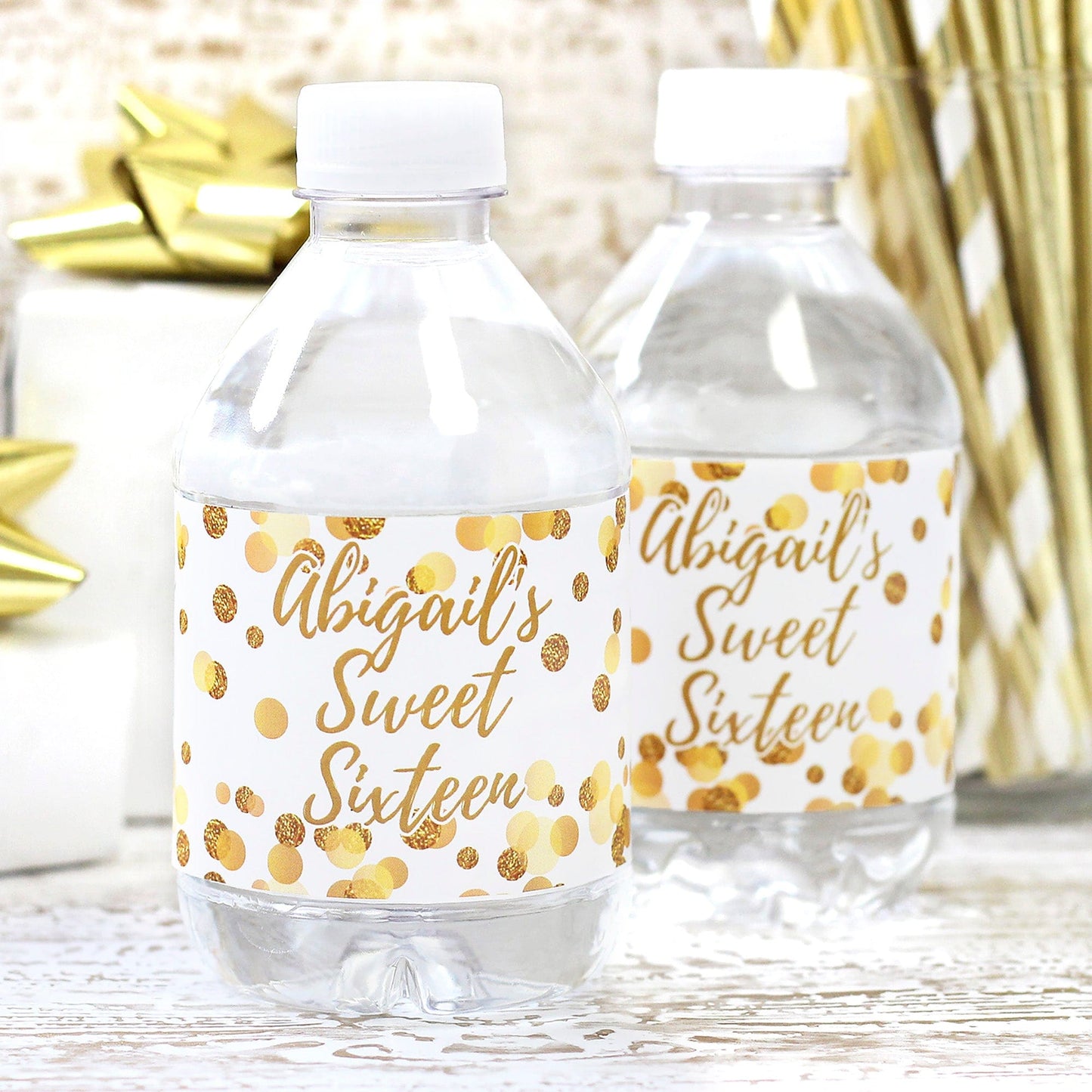 Give a special touch to your sweet 16 celebration with personalized water bottle labels