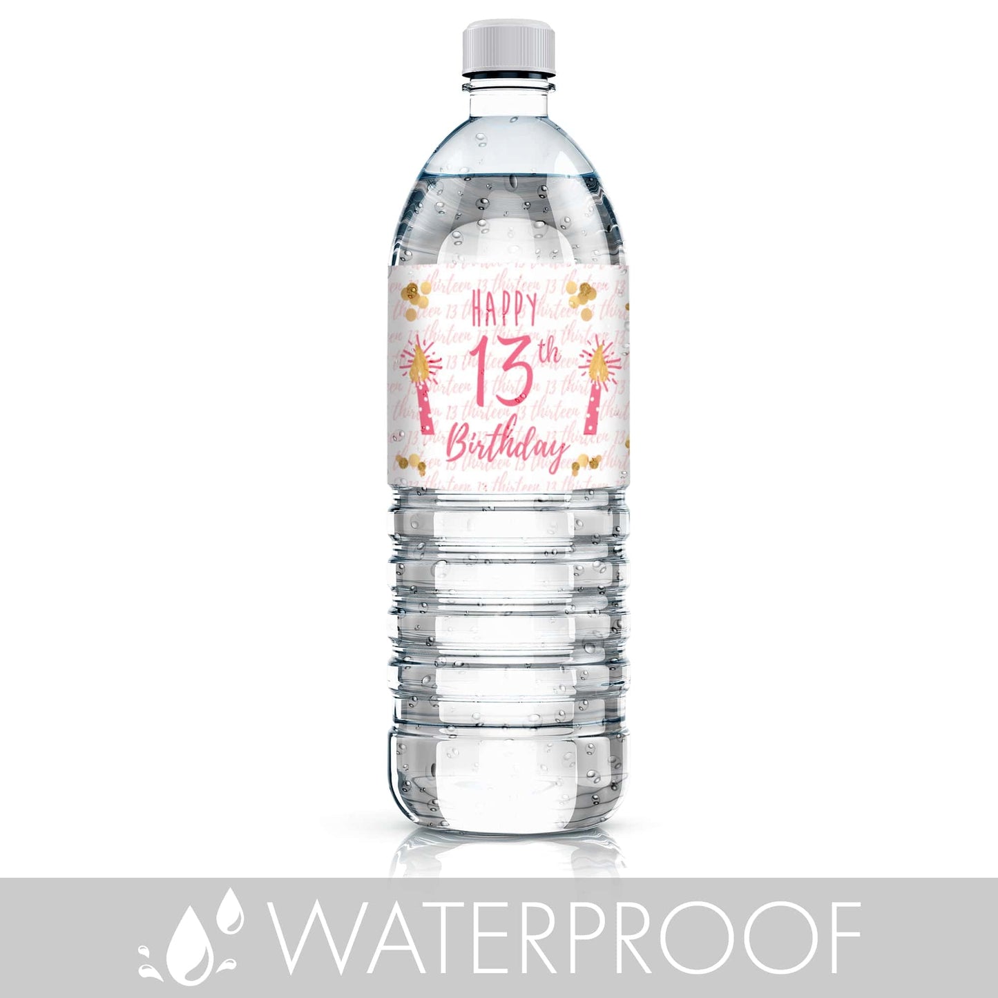 Celebrate Your 13th Birthday in Style with these Pink and Gold Water Bottle Labels - 24 Count 