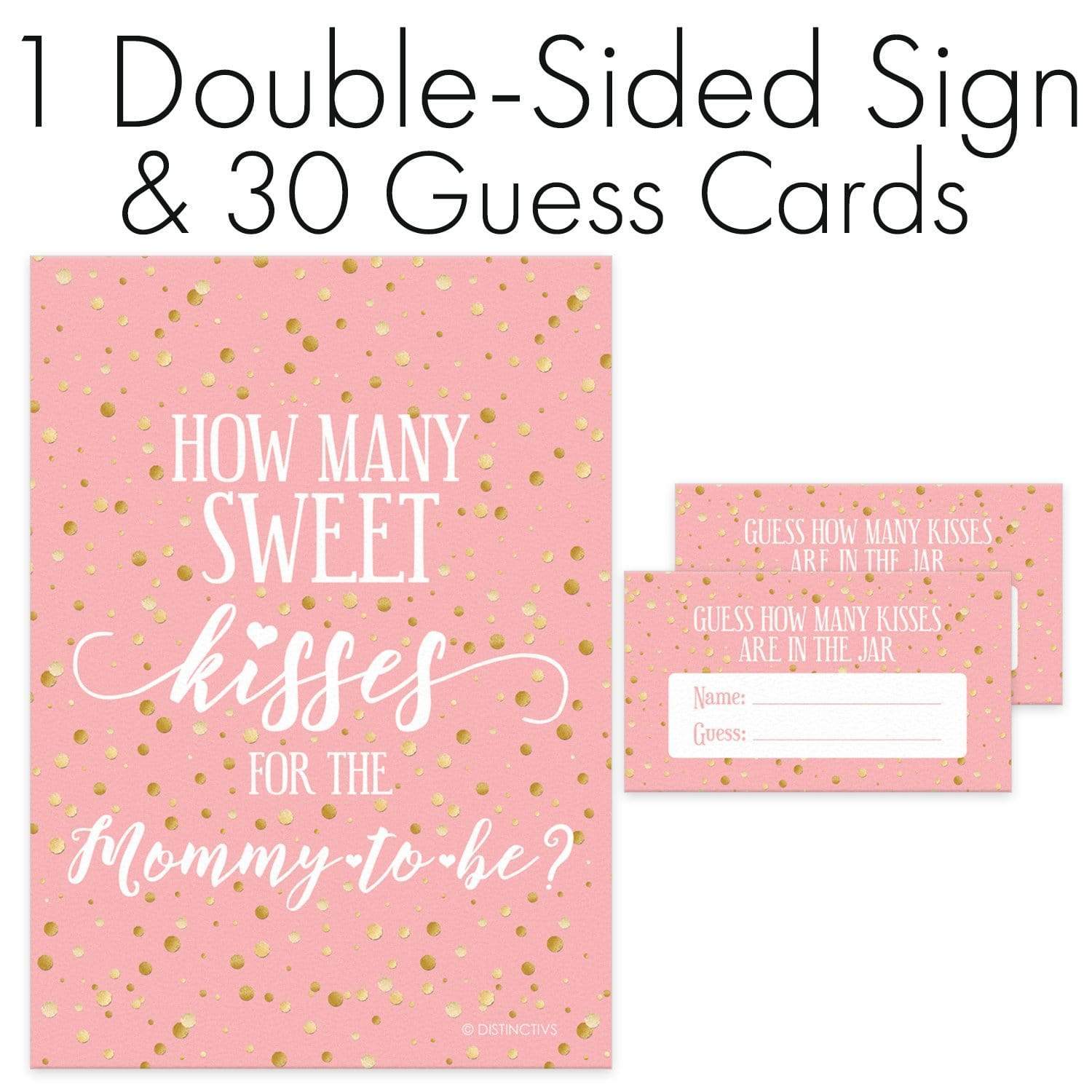 Sign with Cards Pink and Gold How Many Kisses Baby Shower Game