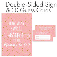 Sign with Cards Pink and Gold How Many Kisses Baby Shower Game