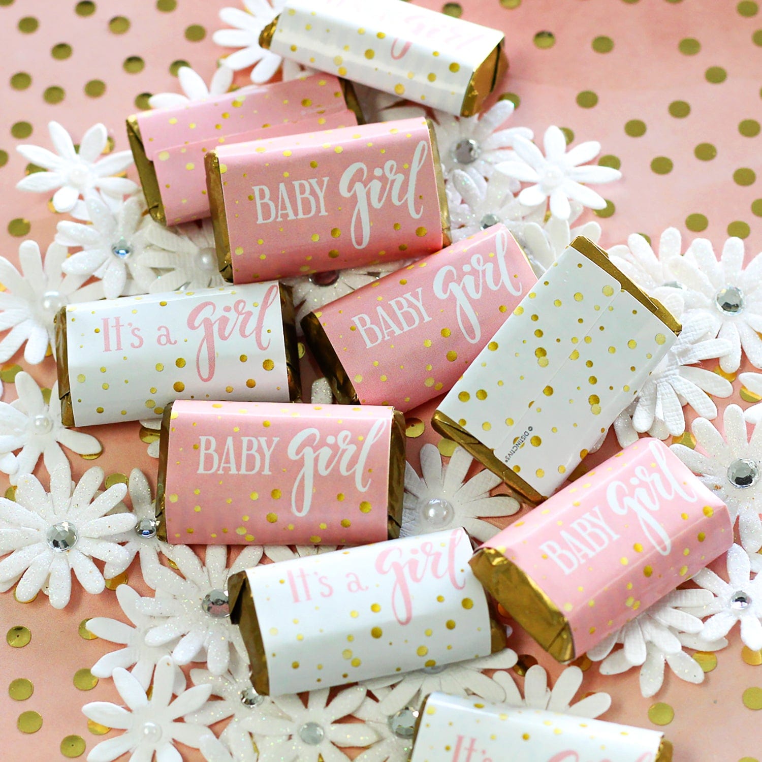 Pink and Gold It's a Girl Baby Shower Mini Candy Bar Stickers - 45 Count