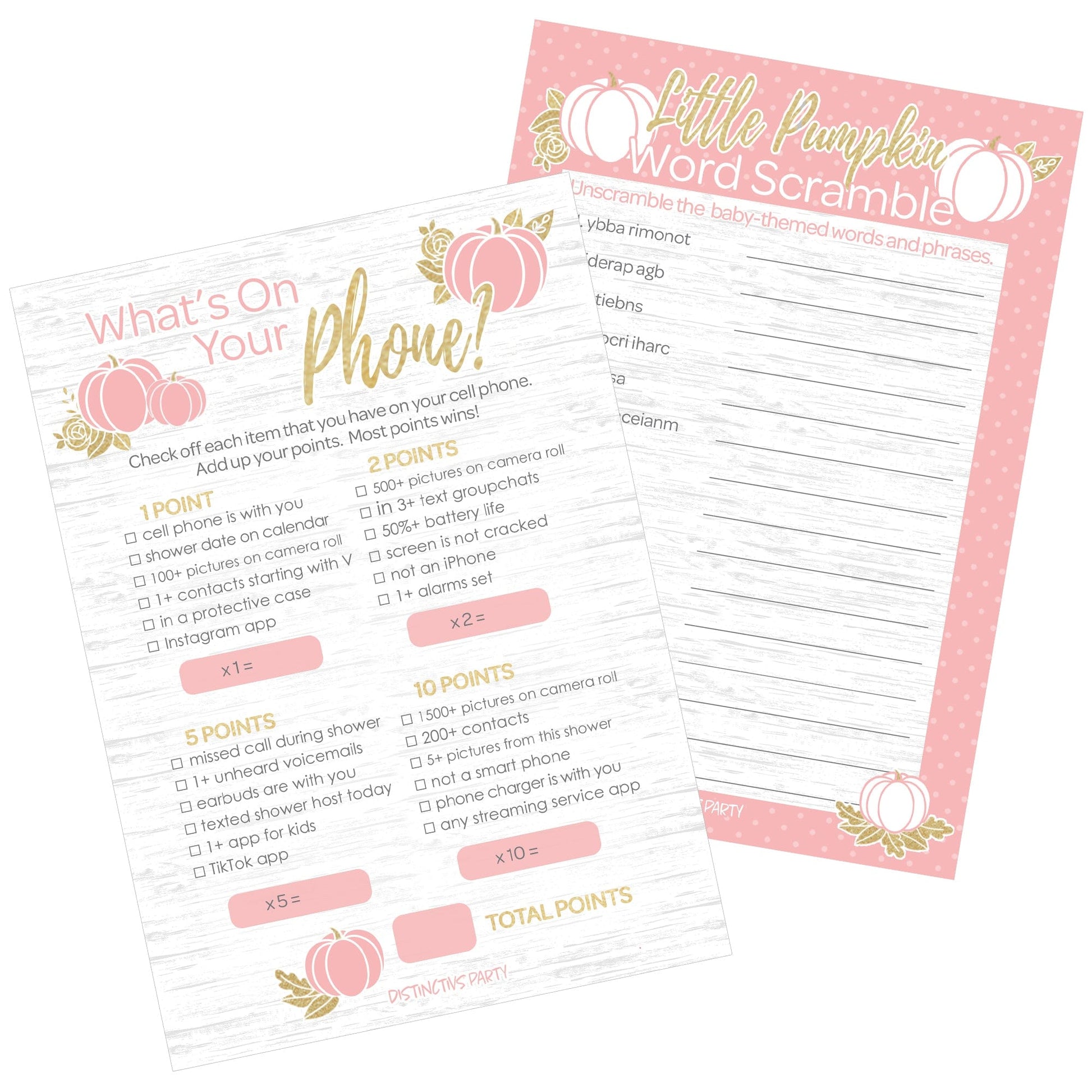 Pink and Gold Little Pumpkin Baby Shower 2 Game Bundle - What's On Your Phone and Word Scramble Party Activity - 20 Dual Sided Cards