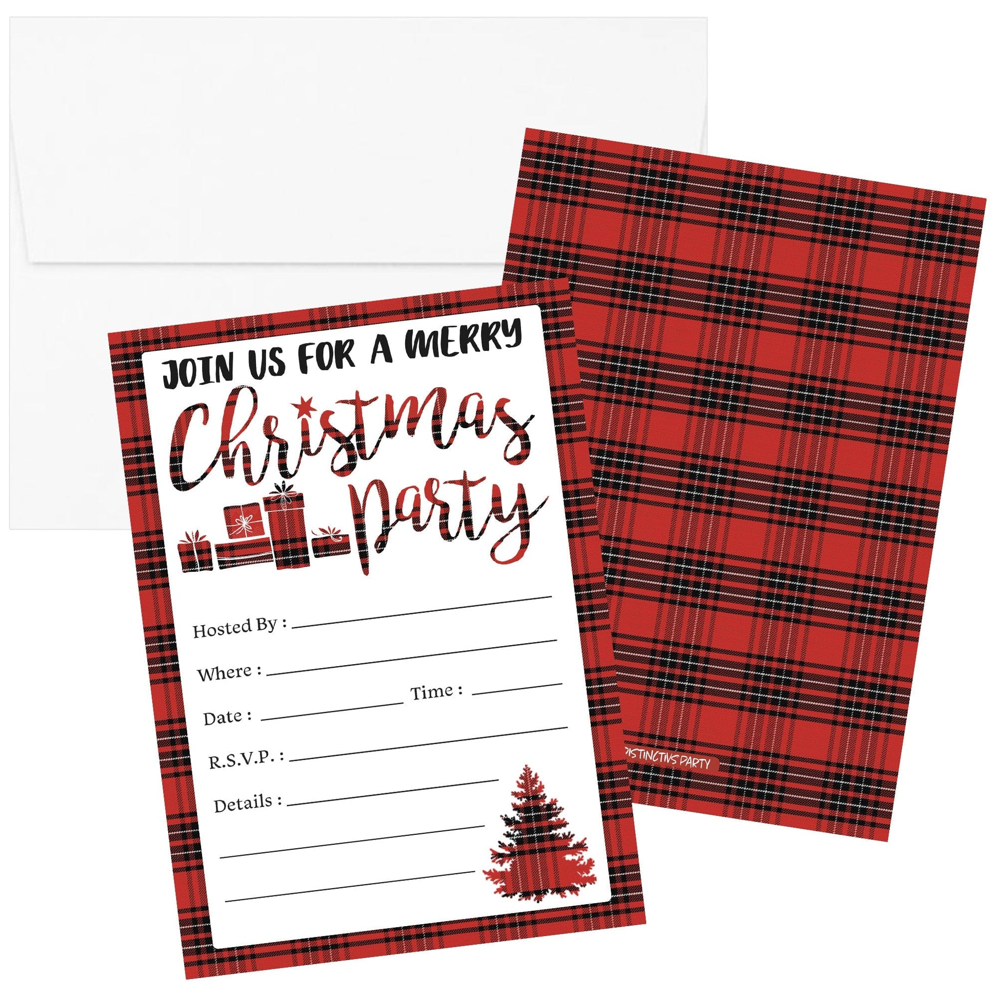 Plaid Christmas Party Invitations - 12 Cards with Envelopes