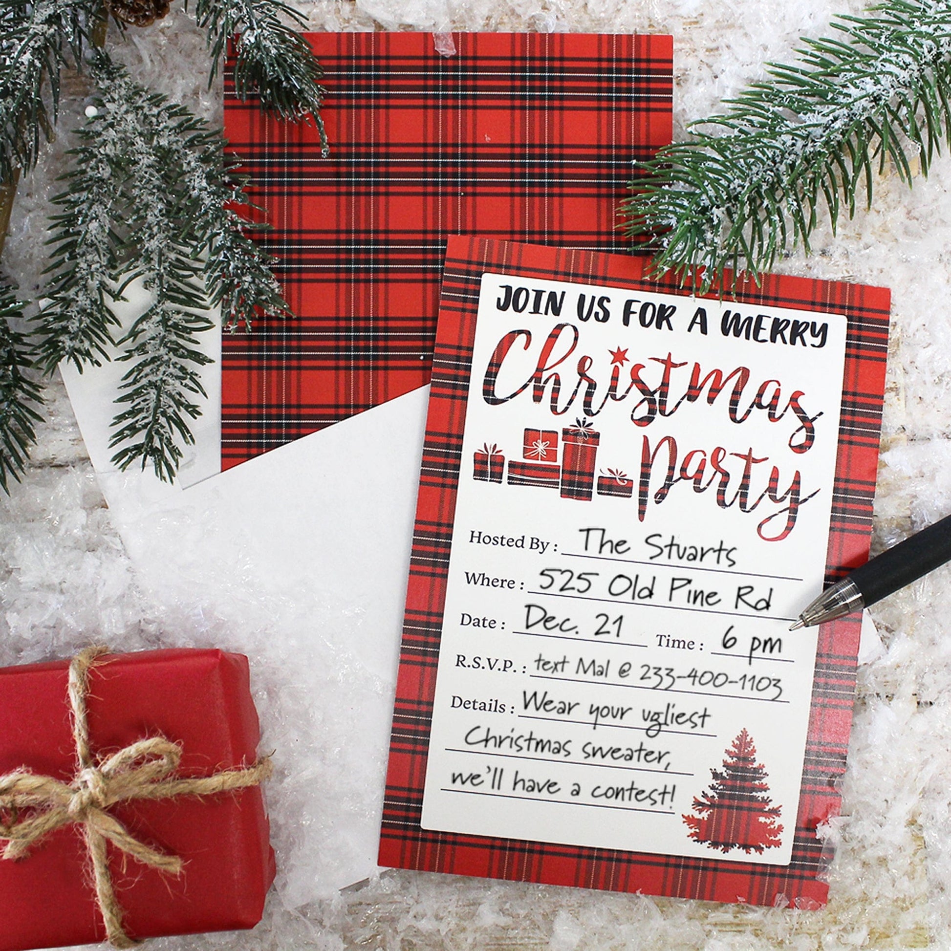 Plaid Christmas Party Invitations - 12 Cards with Envelopes