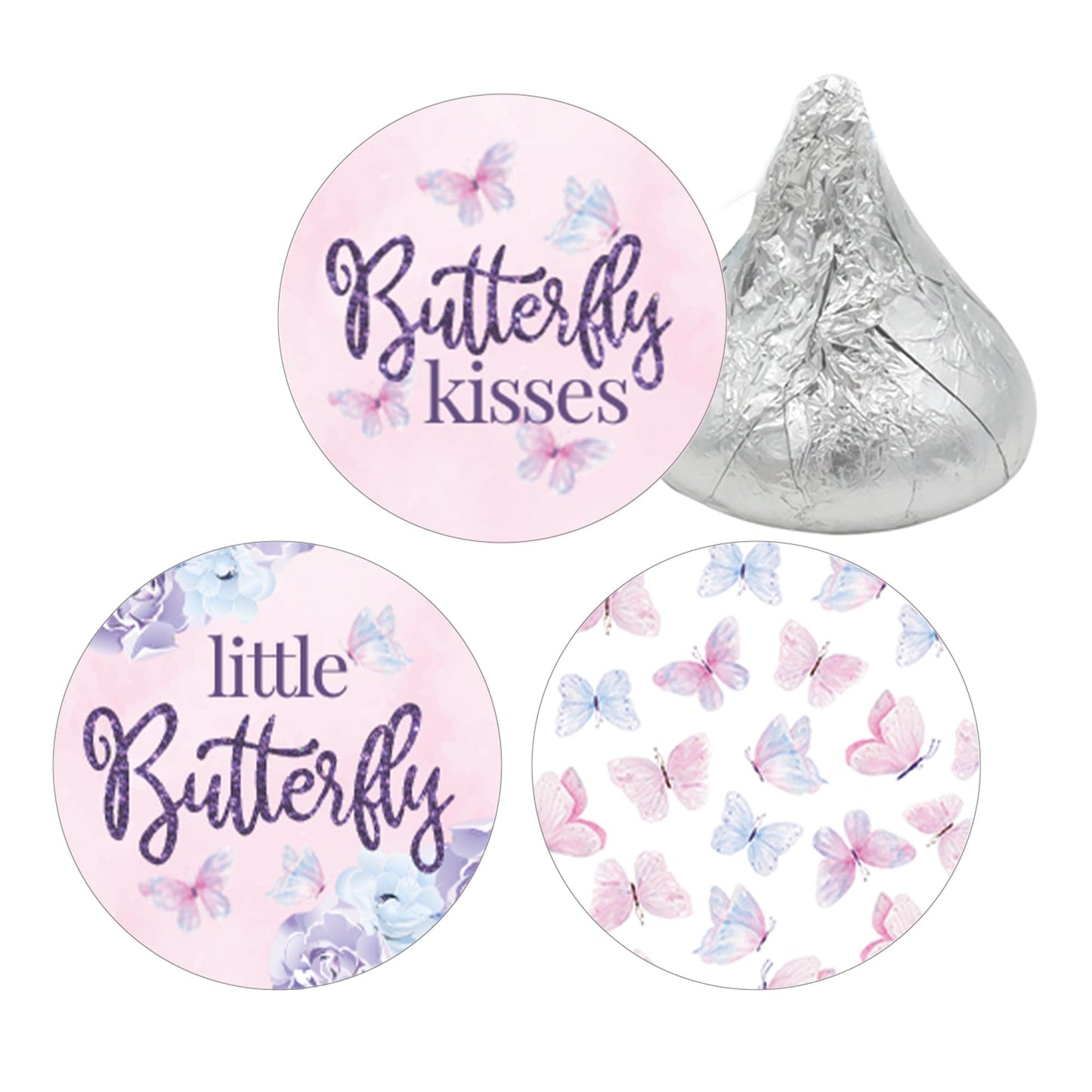 Purple Butterfly Girl Baby Shower Kiss Stickers - 180 Party Favor Labels
