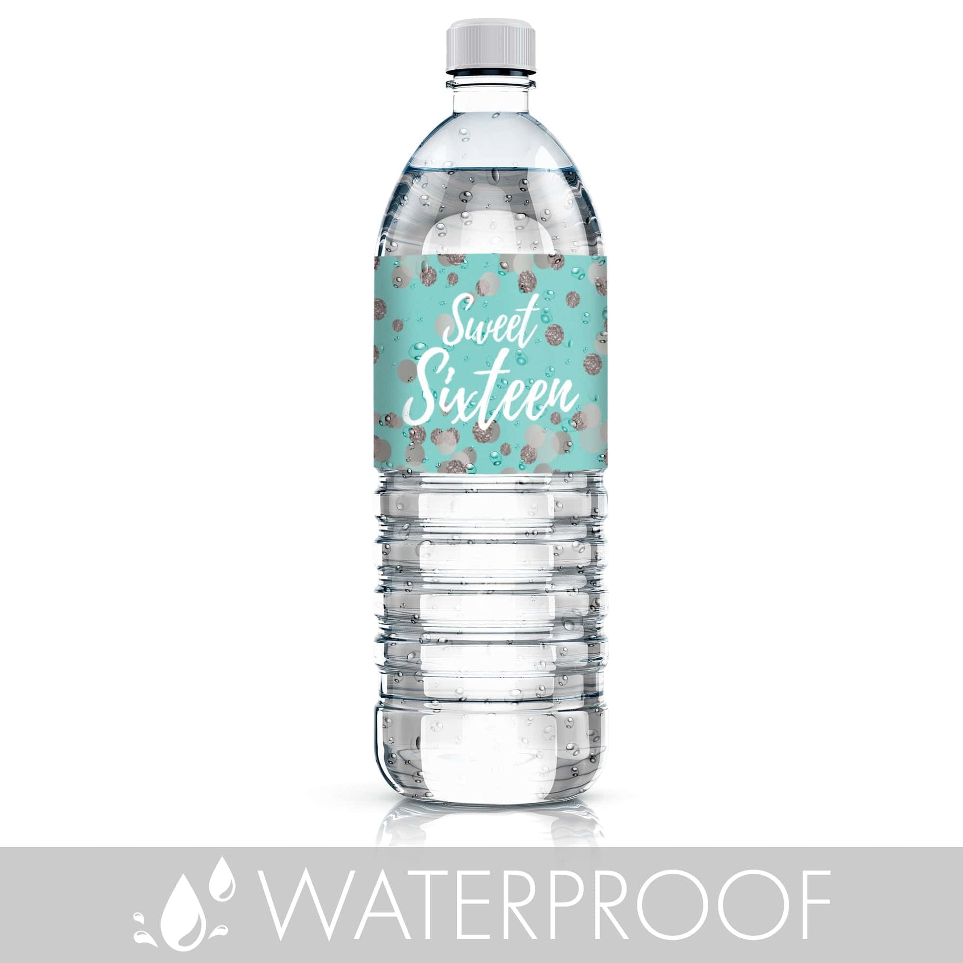 Celebrate in style with these sparkly blue and silver water bottle labels for your Sweet 16.