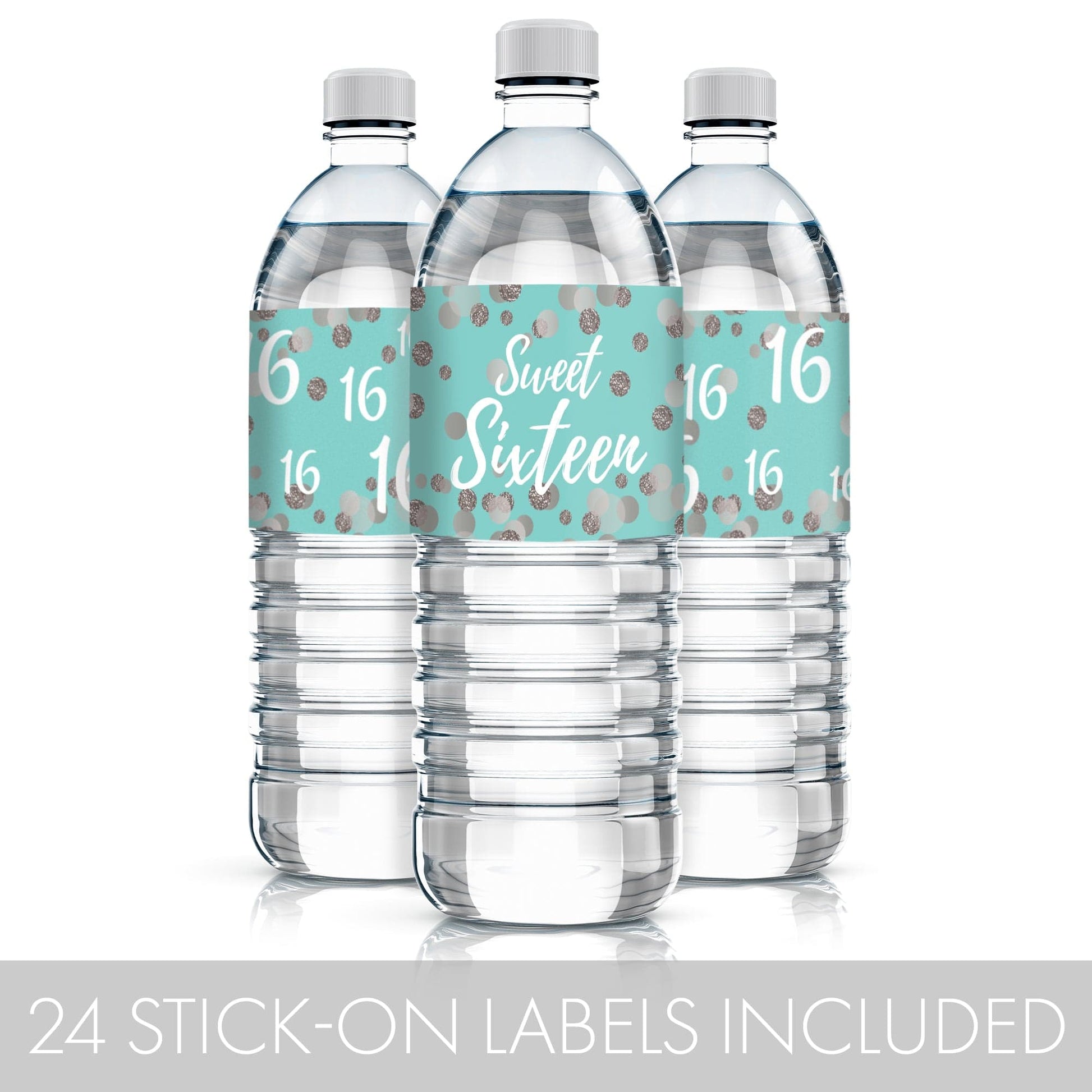 Upgrade your Sweet 16 with these 24 count blue and silver water bottle labels.