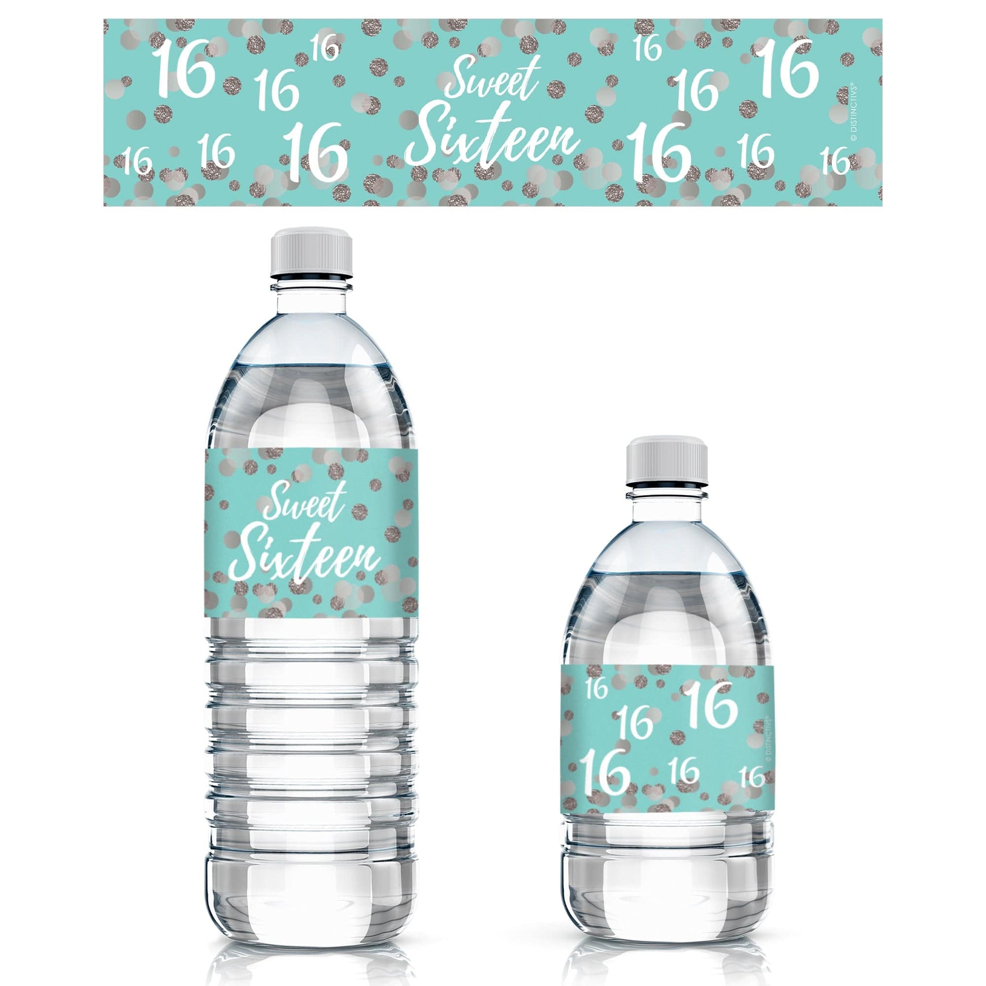 Make your Sweet 16 a night to remember with these beautiful blue and silver water bottle labels.