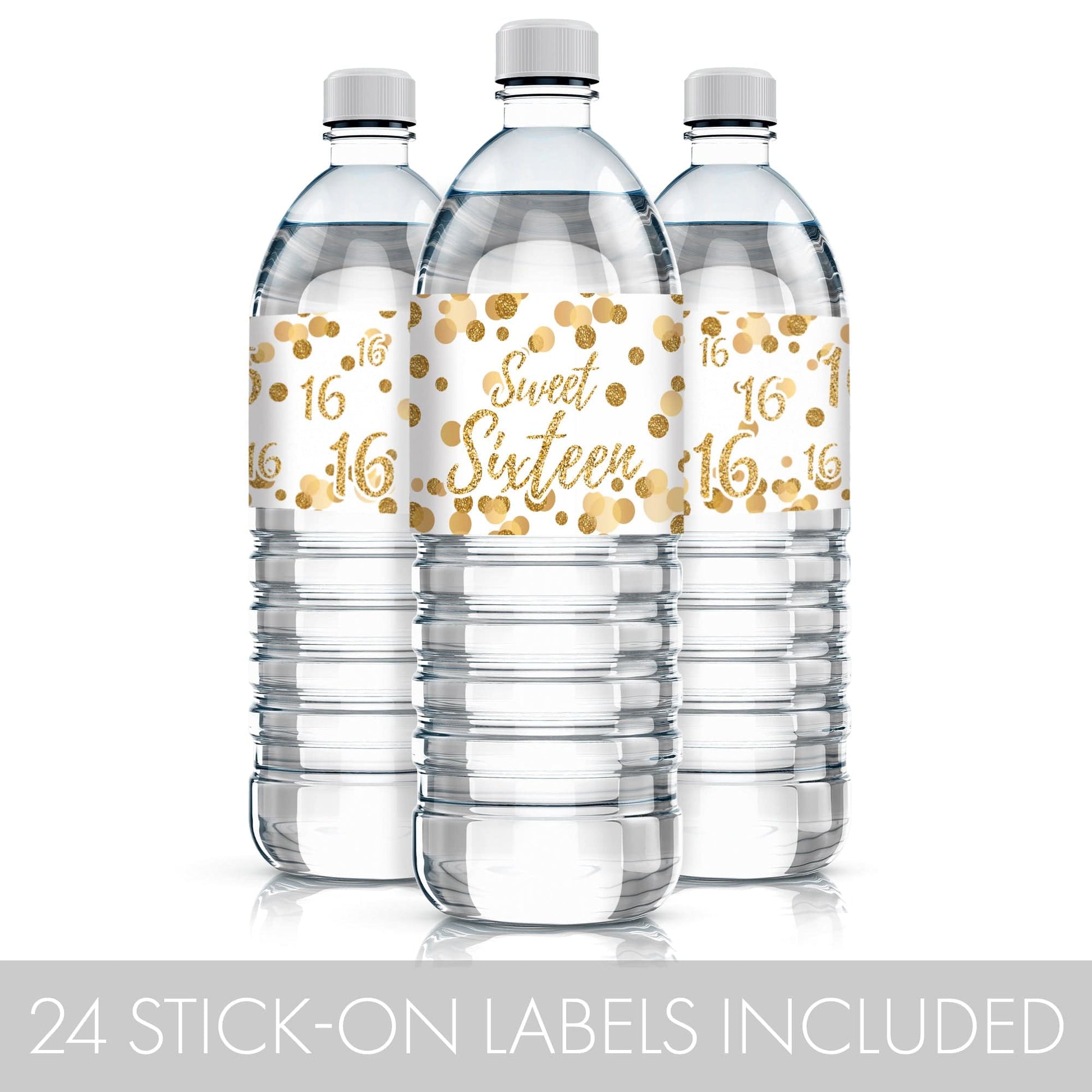  24 Count White and Gold Water Bottle Labels for Sweet 16 Celebrations 