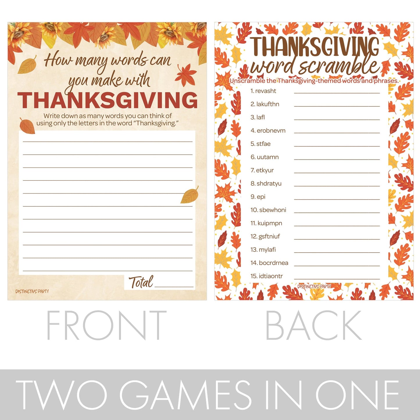 Thanksgiving Party Game Bundle – Word Scramble and How Many Thanksgiving Words Anagram – 25 Dual-Sided Game Cards