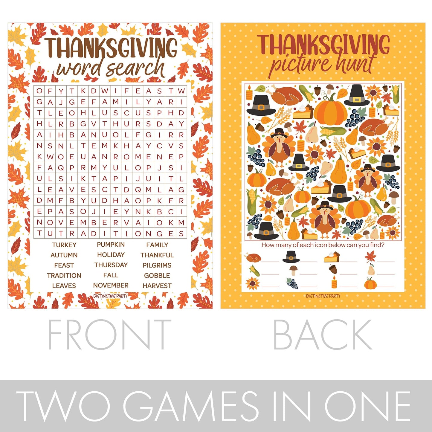 Thanksgiving Party Game Bundle - Word Search and I Spy Picture Hunt - 25 Dual-Sided Cards
