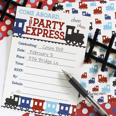 Train Birthday Party Invitations - All Aboard the Birthday Express - 10 Cards with Envelopes