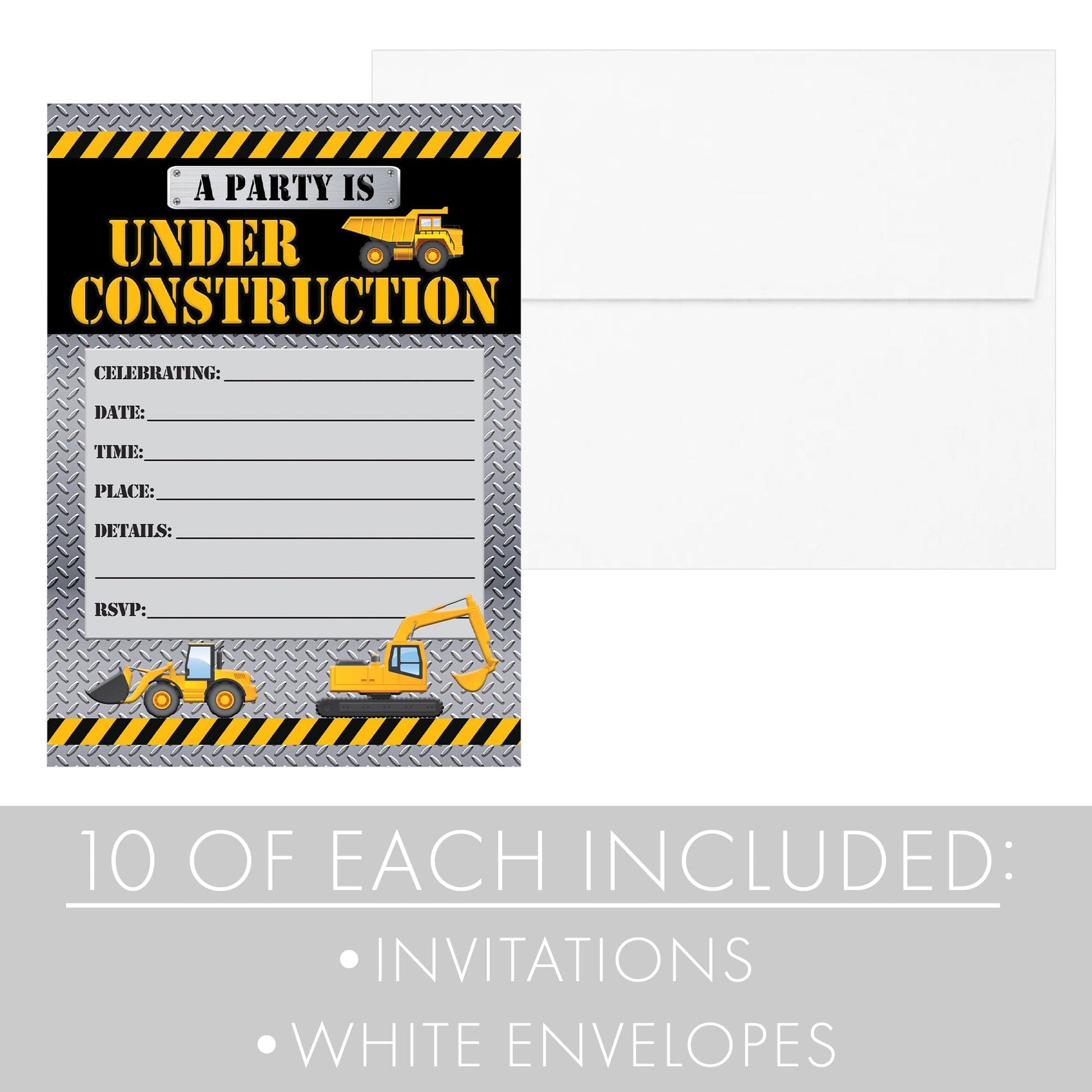 Under Construction Birthday Party Invitations - 10 Cards