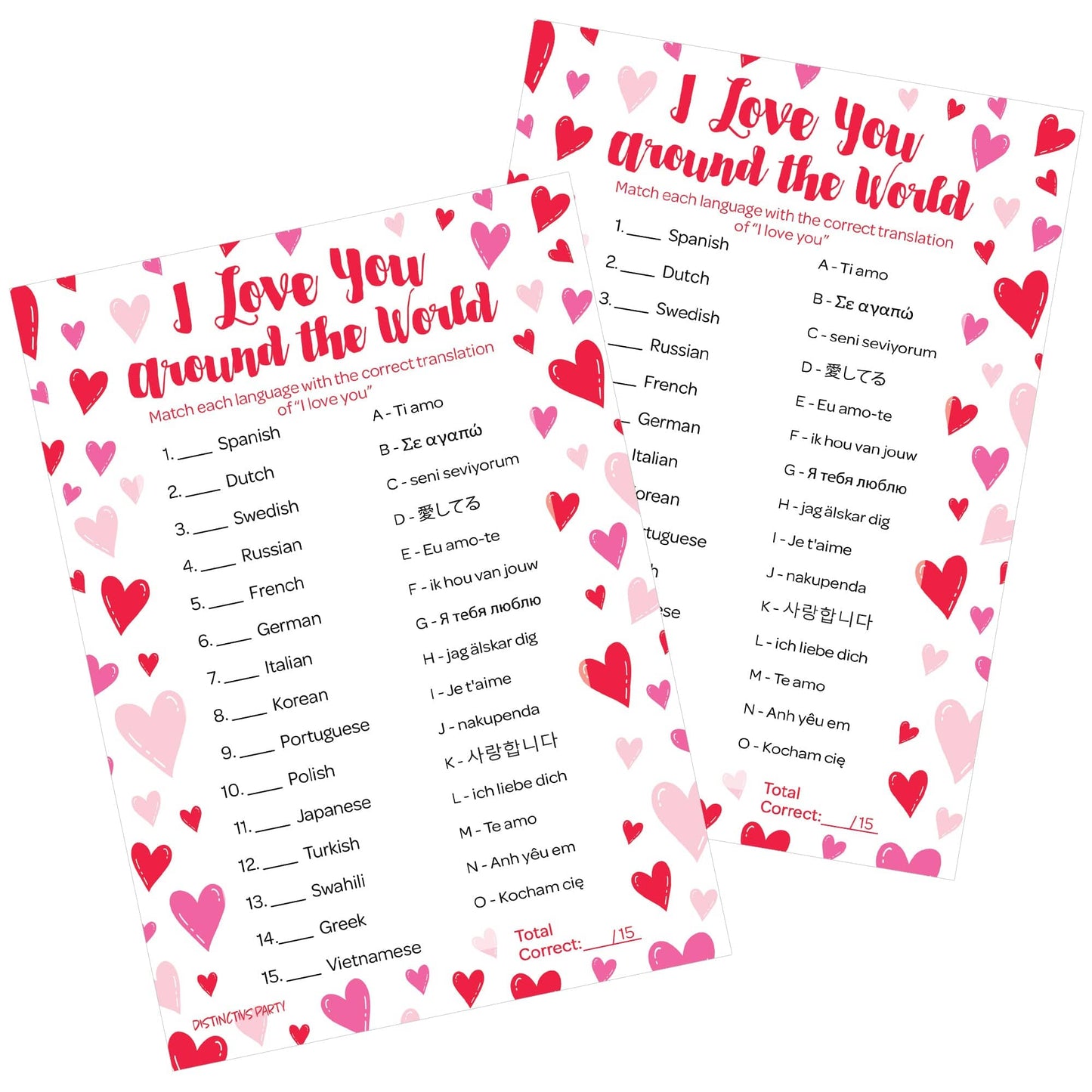 Valentine's Day I Love You Around the World Classroom Party Game - 25 Player Cards