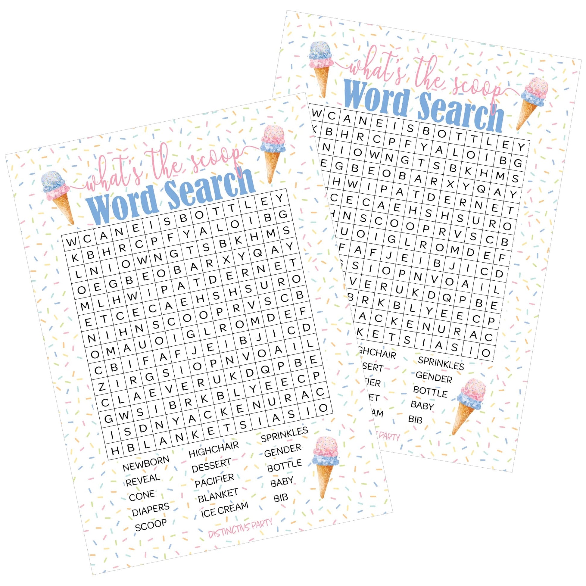 What's the Scoop Gender Reveal Party - Word Search Baby Shower Party Game - 20 Player Cards