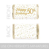Make your 50th birthday party unique with these white and gold mini candy bar stickers.
