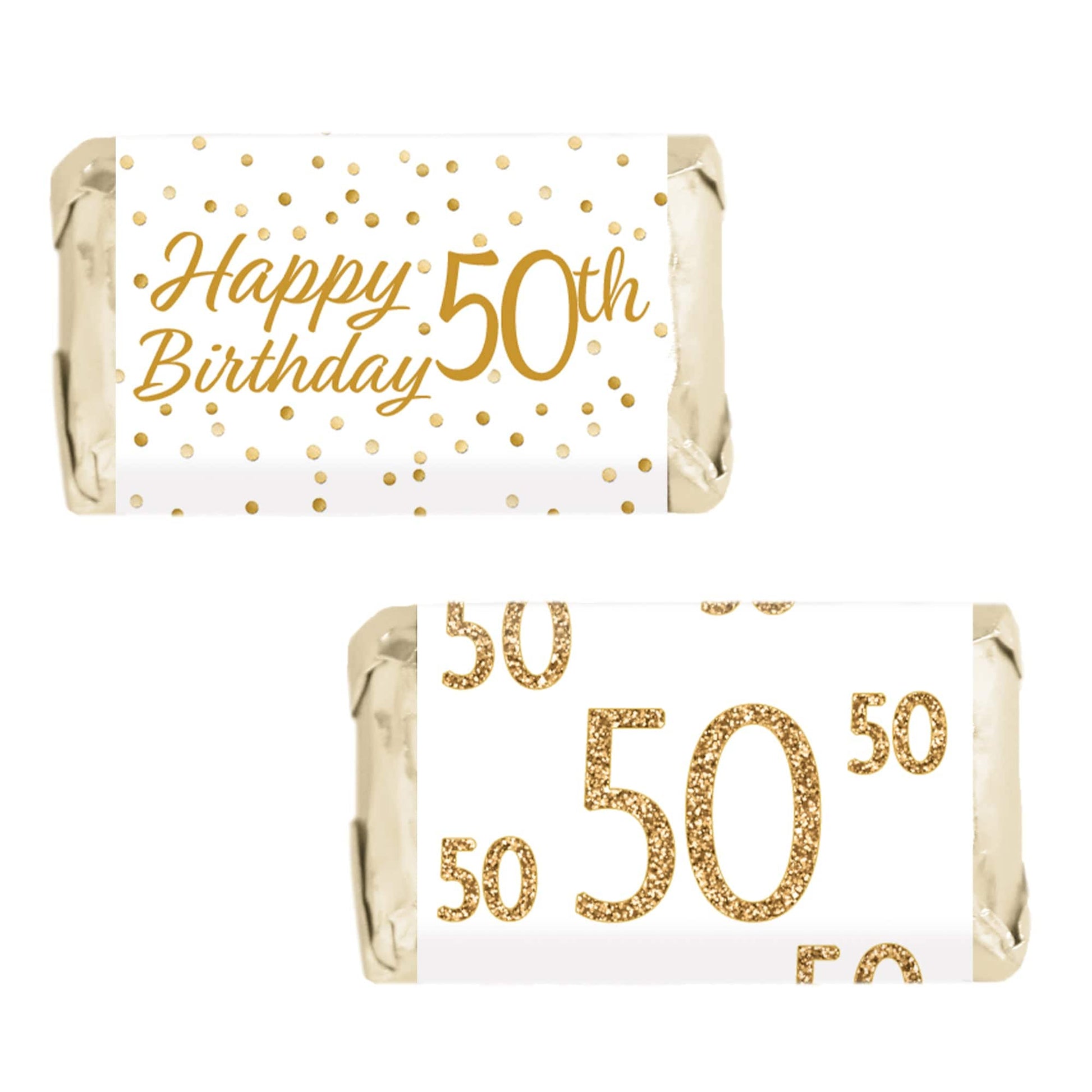 White and Gold 50th Birthday Party Mini Candy Bar Stickers - 45 Count