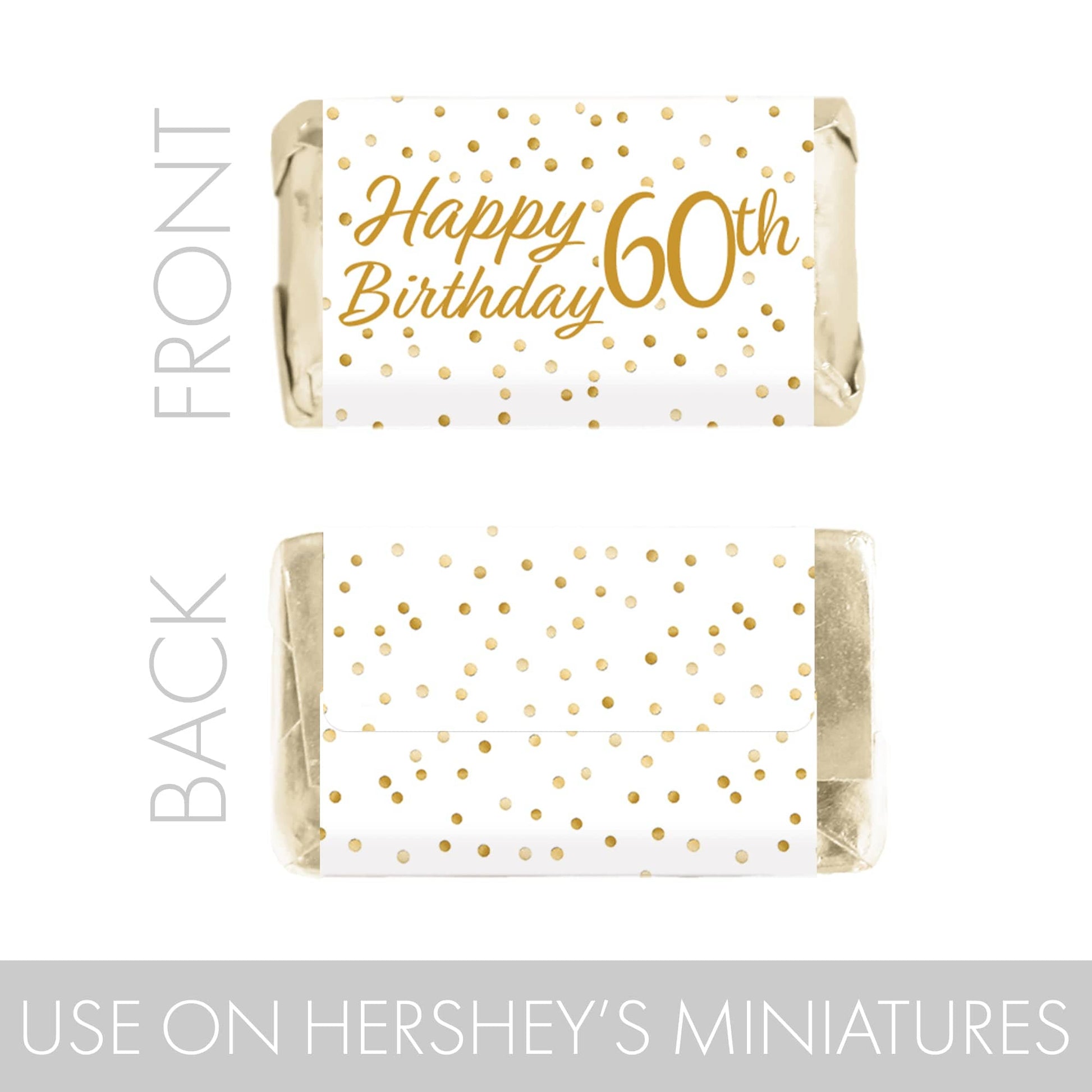 Add a hint of sparkle to your 60th birthday celebration with these white and gold mini candy bar stickers.