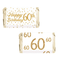 White and Gold 60th Birthday Party Mini Candy Bar Stickers - 45 Count