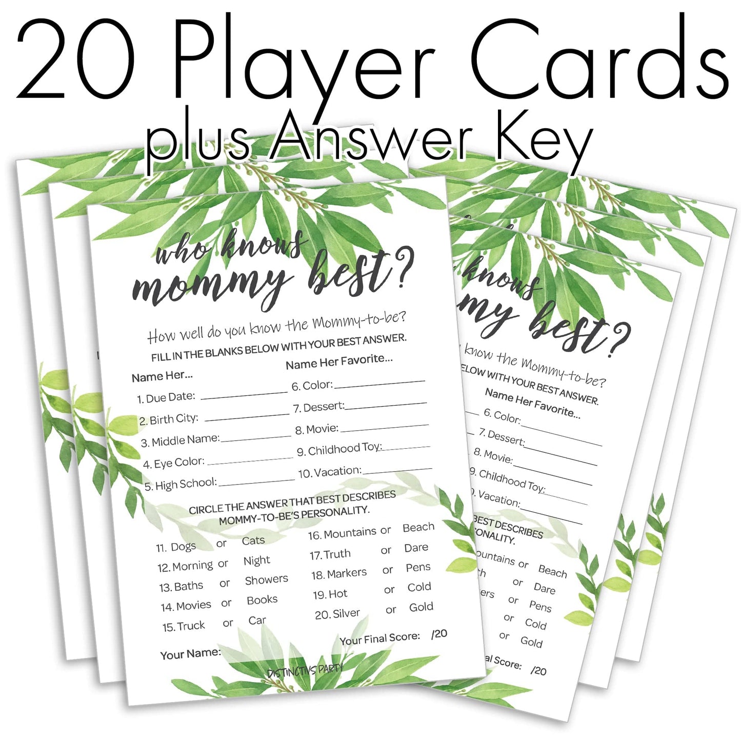 Who Knows Mommy Best Game Cards - Greenery Themed Baby Shower -20 count