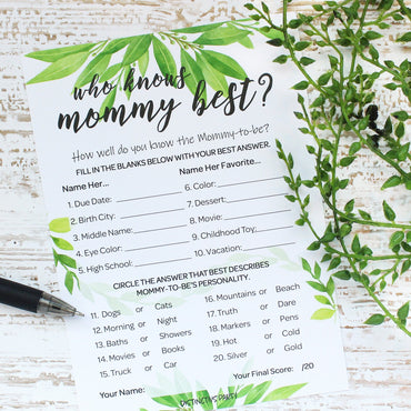 Who Knows Mommy Best Game Cards - Greenery Themed Baby Shower -20 count