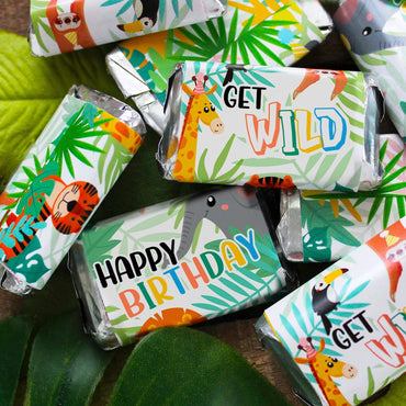 Wild Jungle Birthday Mini Candy Bar Wrappers - Party Animal - 45 Stickers
