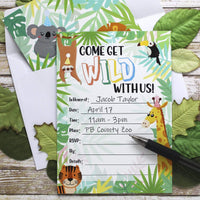 Wild Jungle Birthday Party Invitations - Party Animal - 10 Cards with Envelopes