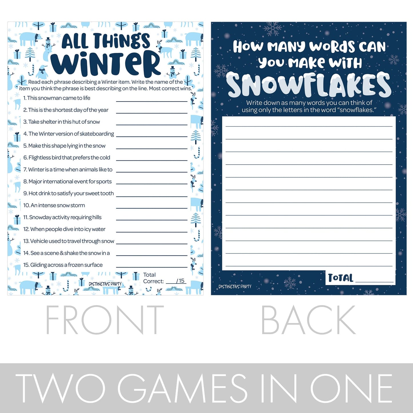 Winter Holiday Party Games Bundle - All Things Winter Guessing Game and Snowflake Anagram Word Game - 25 Dual-Sided Cards
