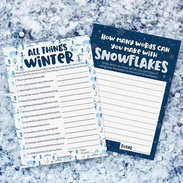 Winter Holiday Party Games Bundle - All Things Winter Guessing Game and Snowflake Anagram Word Game - 25 Dual-Sided Cards