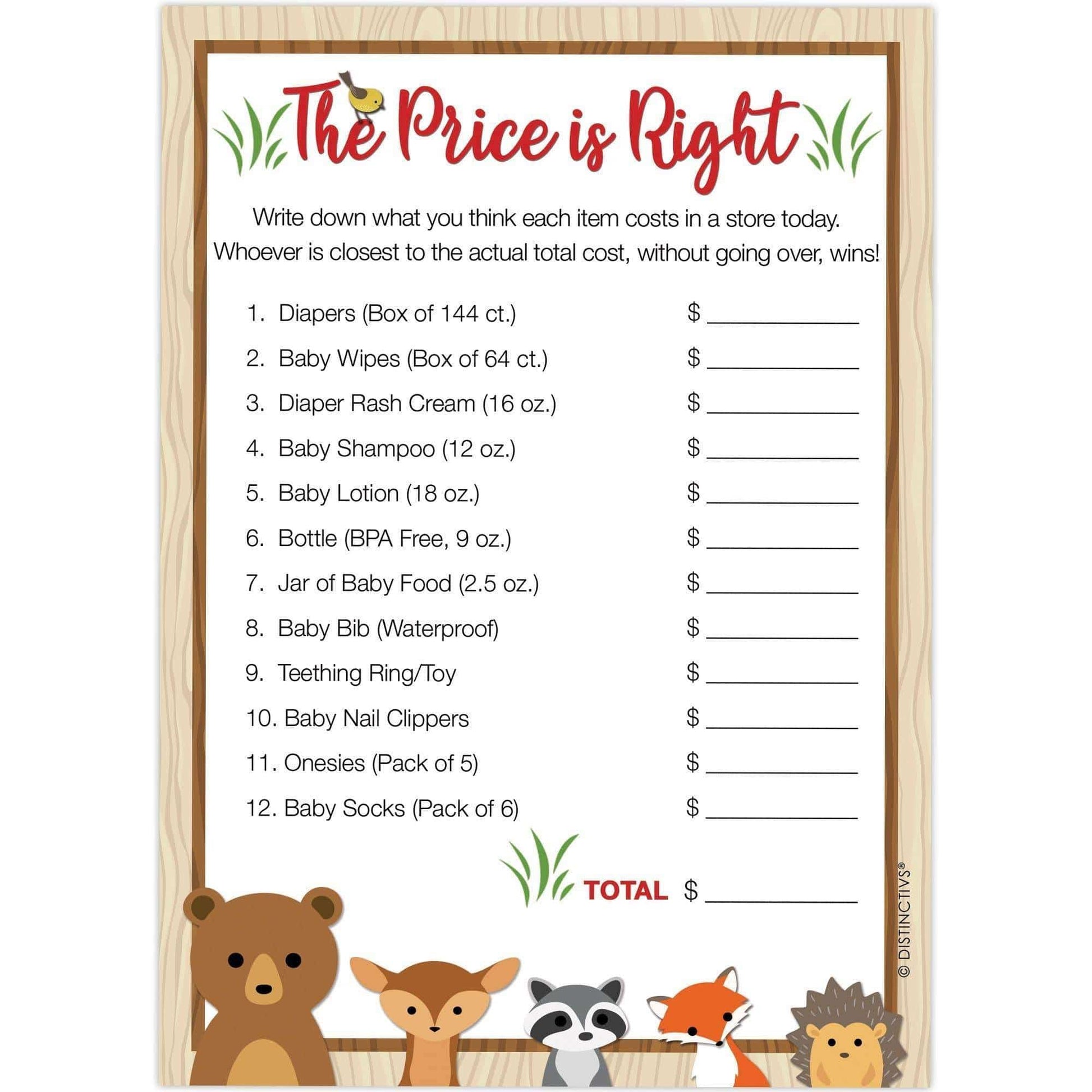 Woodland Baby Shower Game - The Price is Right (20 Game Cards)
