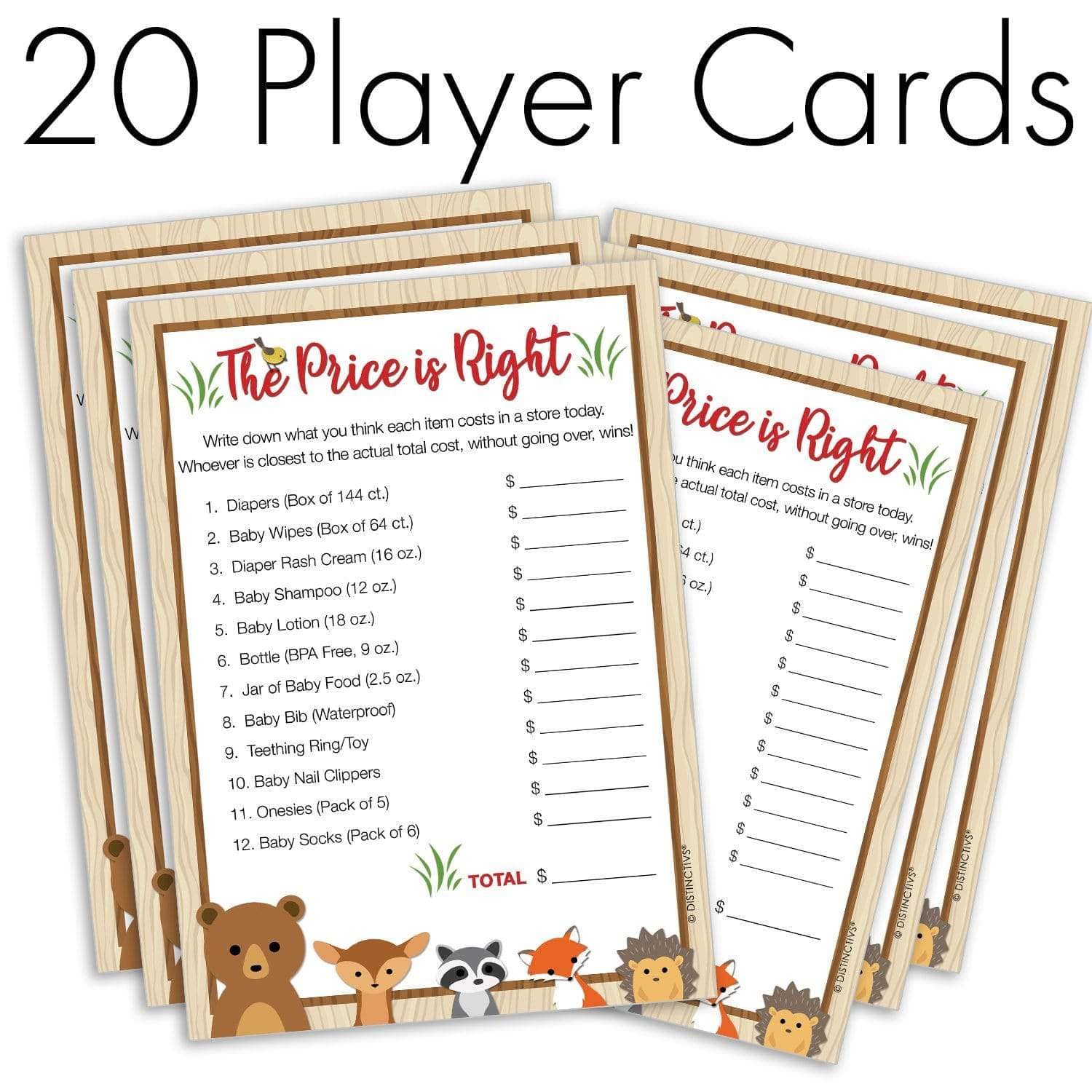 Woodland Baby Shower Game - The Price is Right (20 Game Cards)