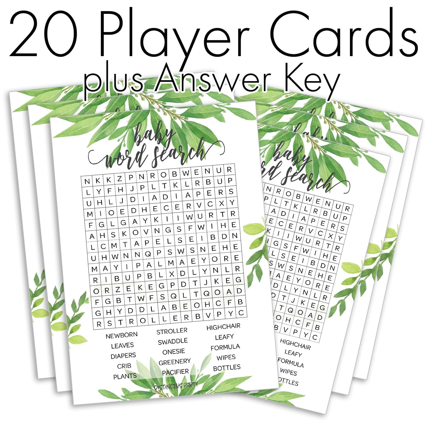 Word Search Baby Shower Party Game - Greenery Gender Neutral Theme - 20 Player Cards