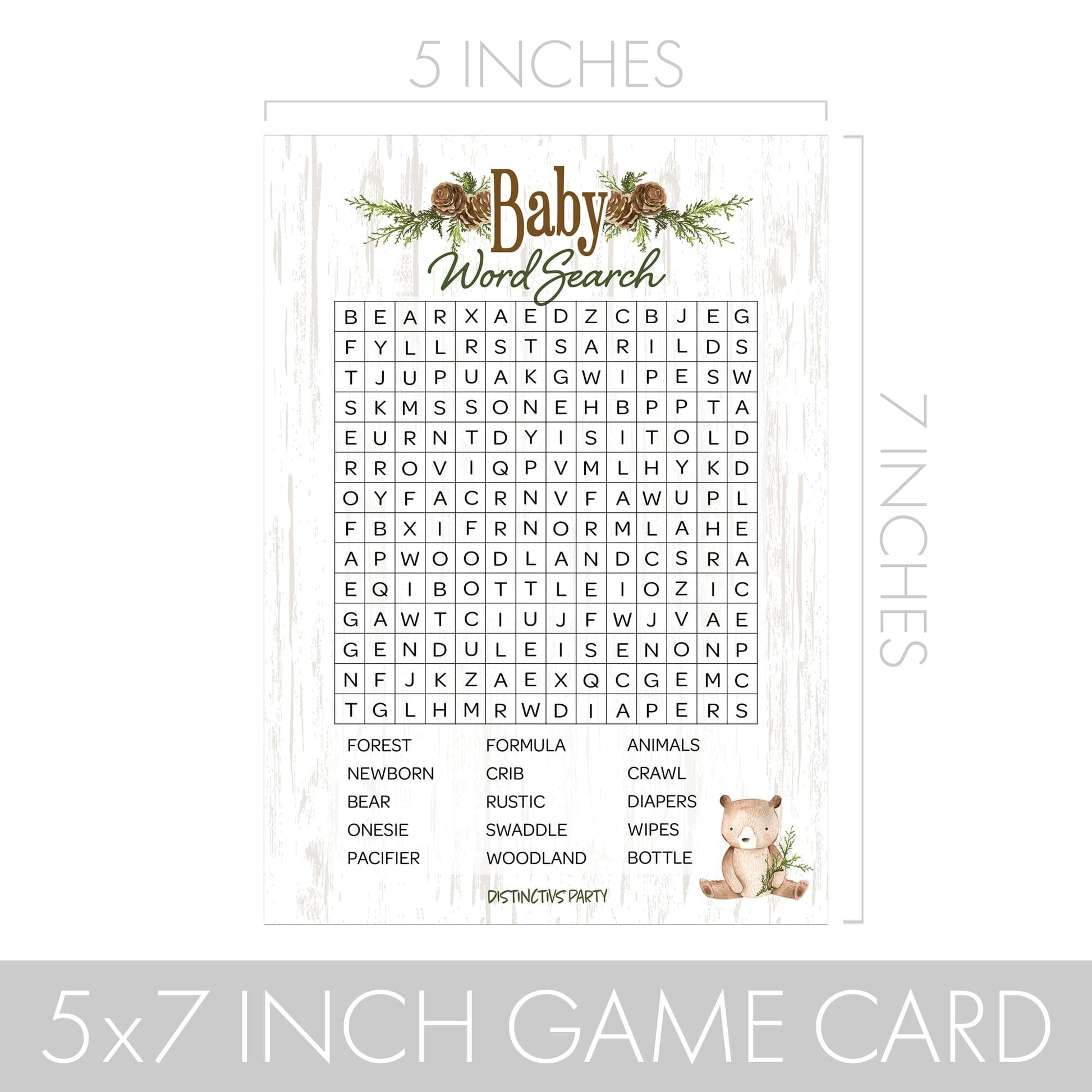 Word Search Baby Shower Party Game - Woodland Bear Gender Neutral Theme - 20 Player Cards