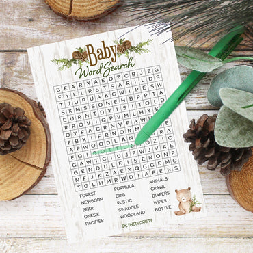 Word Search Baby Shower Party Game - Woodland Bear Gender Neutral Theme - 20 Player Cards